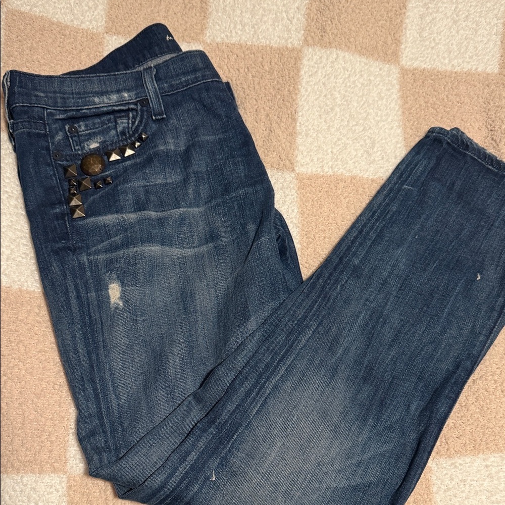 7 For All Mankind Dark Blue Boyfriend Jeans with Stud Details